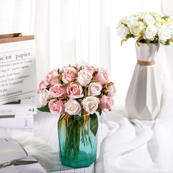 48-Pcs Artificial Silk Rose Flowers w/ Leaves & Stems for Wedding Bridal Shower - Picture 12 of 14